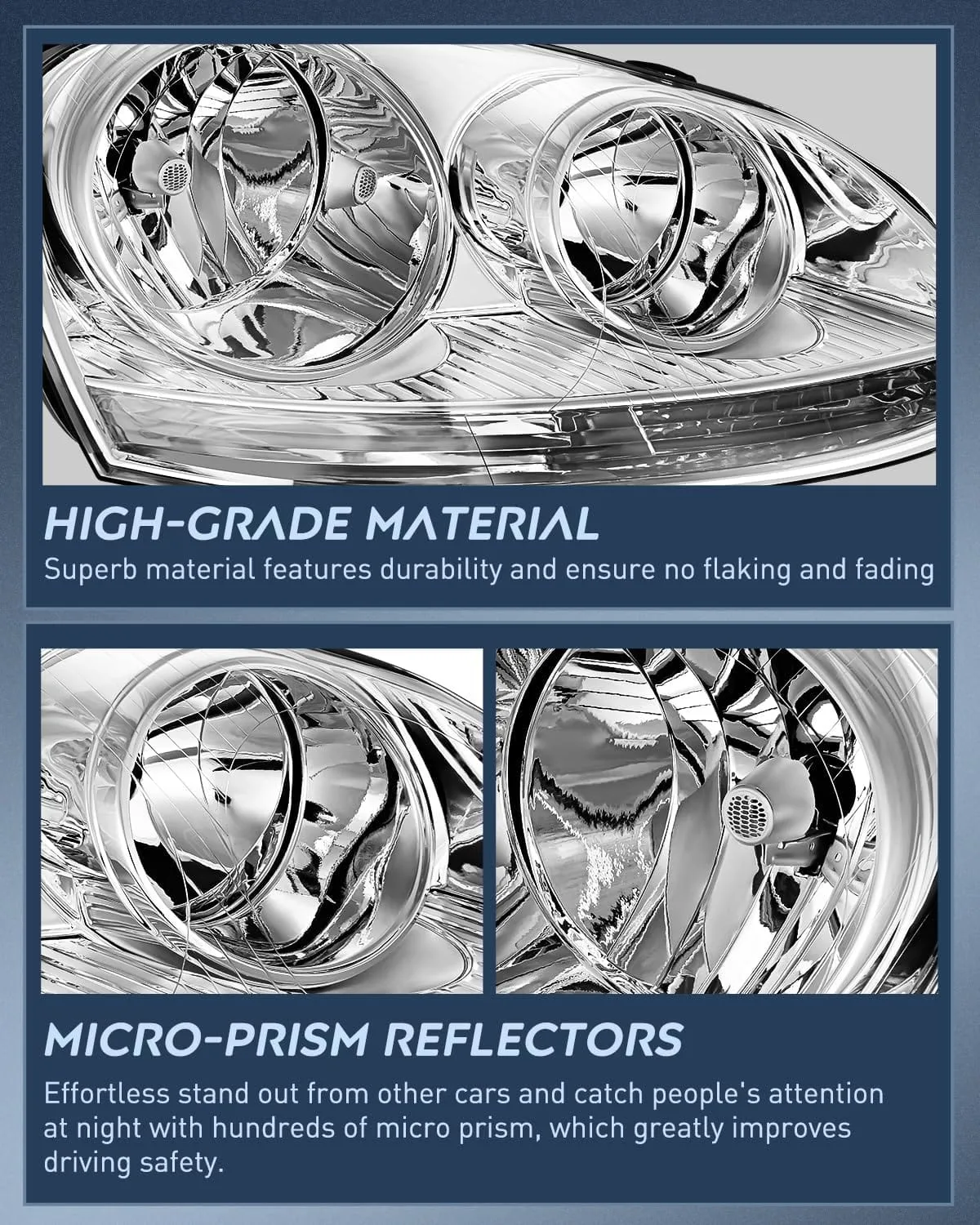 2005-2010 Volkswagen Jetta 2006-2009 VW Rabbit GTI Headlight Assembly Chrome Housing Clear Reflector