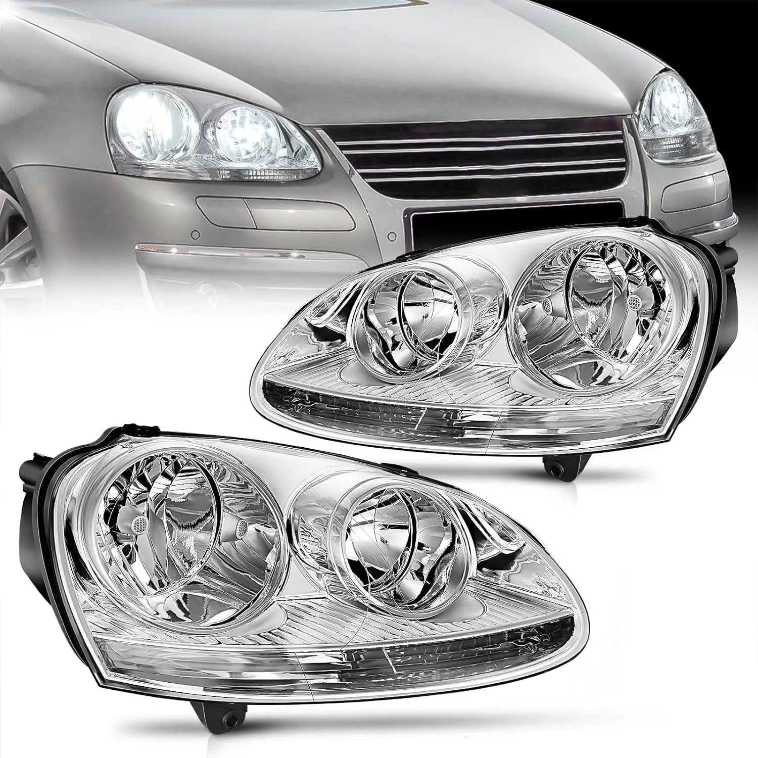 2005-2010 Volkswagen Jetta 2006-2009 VW Rabbit GTI Headlight Assembly Chrome Housing Clear Reflector