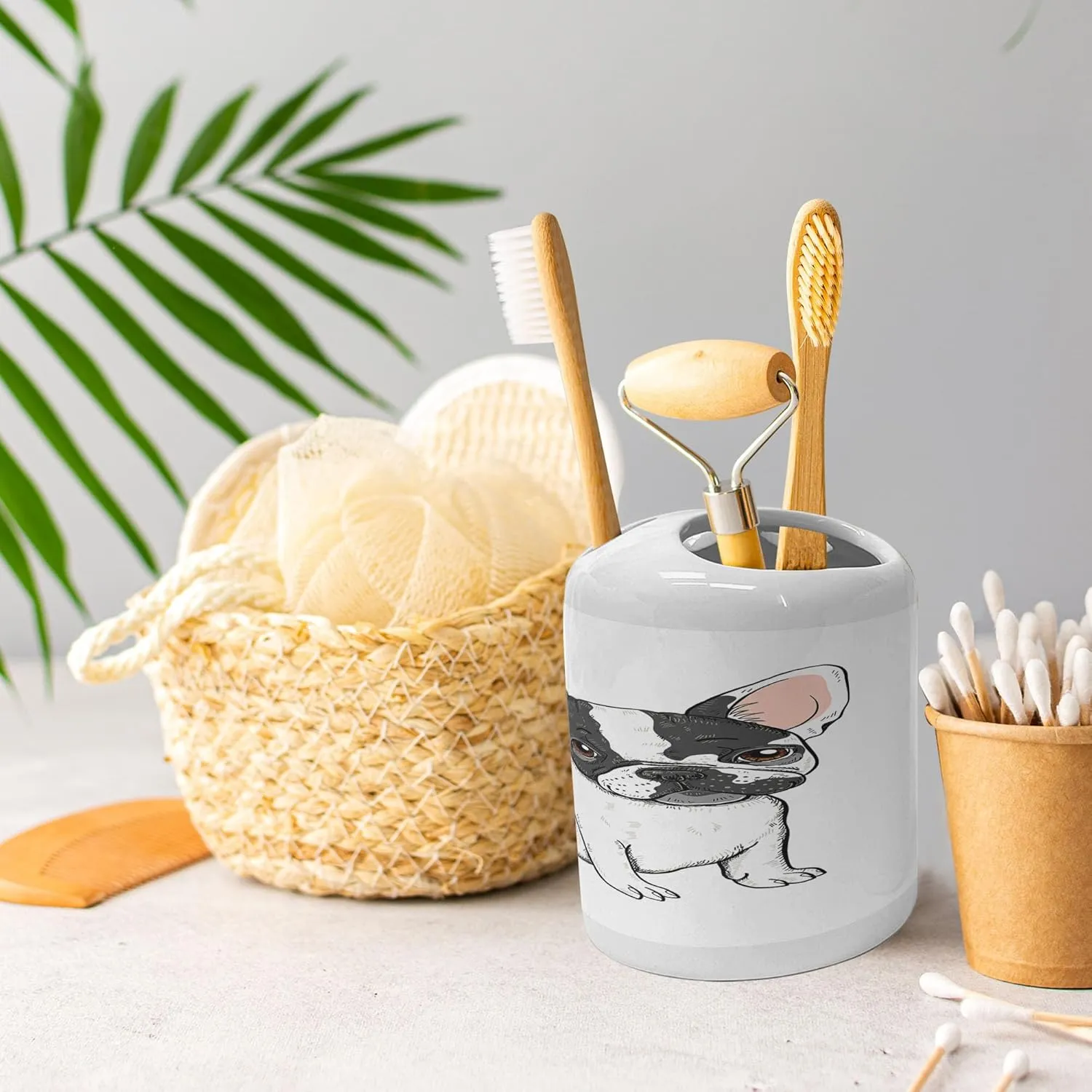 Ambesonne French Soap Dispenser & Toothbrush Holder Set, Cartoon Bulldog Domestic Animal Pet Dog France Breed Drawing Style Illustration, Ceramic Bathroom Toiletry Accessories, 2 Pcs, White Dark Grey