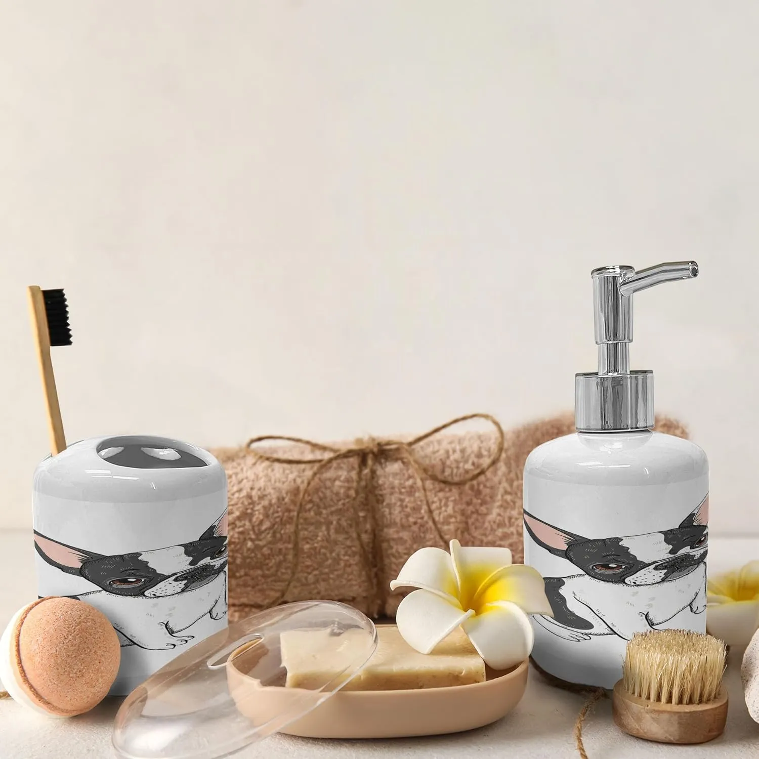 Ambesonne French Soap Dispenser & Toothbrush Holder Set, Cartoon Bulldog Domestic Animal Pet Dog France Breed Drawing Style Illustration, Ceramic Bathroom Toiletry Accessories, 2 Pcs, White Dark Grey