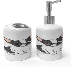 Ambesonne French Soap Dispenser & Toothbrush Holder Set, Cartoon Bulldog Domestic Animal Pet Dog France Breed Drawing Style Illustration, Ceramic Bathroom Toiletry Accessories, 2 Pcs, White Dark Grey