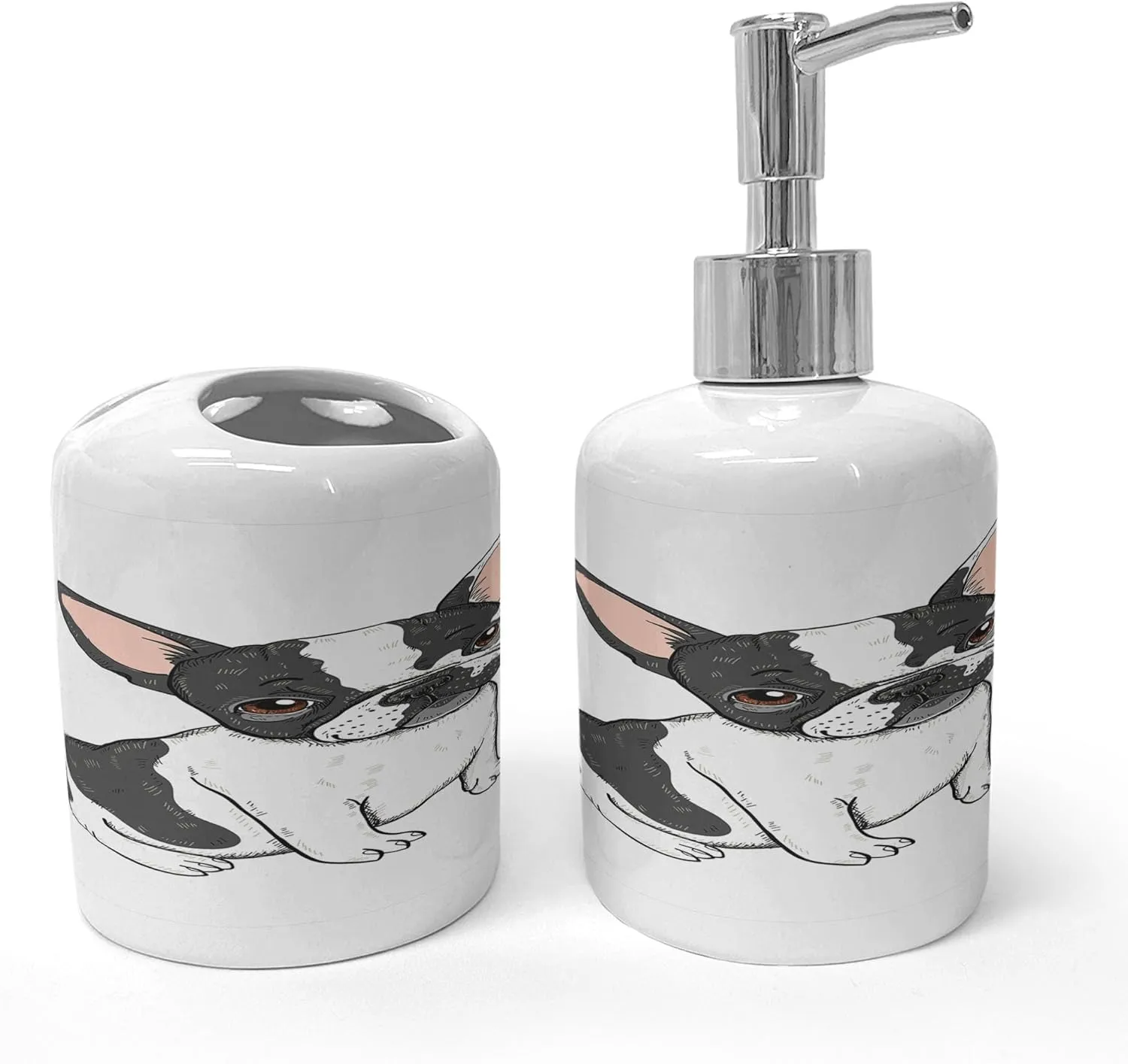 Ambesonne French Soap Dispenser & Toothbrush Holder Set, Cartoon Bulldog Domestic Animal Pet Dog France Breed Drawing Style Illustration, Ceramic Bathroom Toiletry Accessories, 2 Pcs, White Dark Grey
