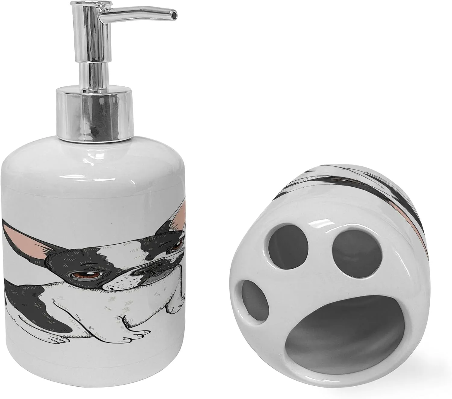 Ambesonne French Soap Dispenser & Toothbrush Holder Set, Cartoon Bulldog Domestic Animal Pet Dog France Breed Drawing Style Illustration, Ceramic Bathroom Toiletry Accessories, 2 Pcs, White Dark Grey