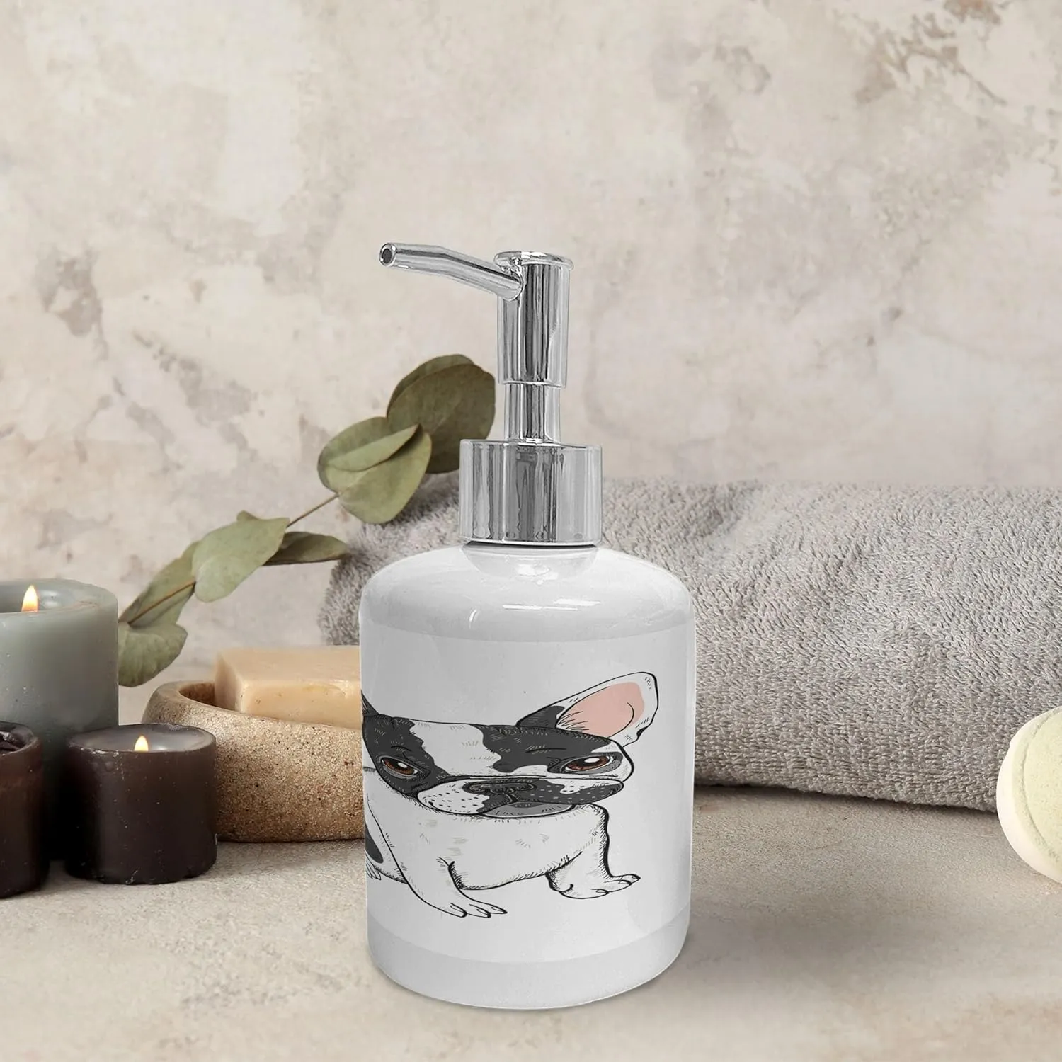 Ambesonne French Soap Dispenser & Toothbrush Holder Set, Cartoon Bulldog Domestic Animal Pet Dog France Breed Drawing Style Illustration, Ceramic Bathroom Toiletry Accessories, 2 Pcs, White Dark Grey