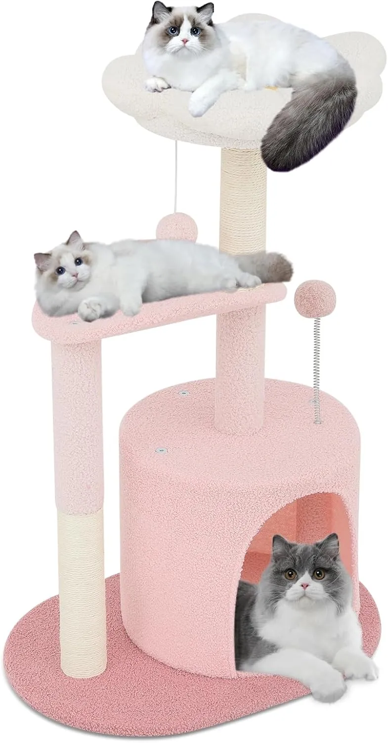 Athena Collection Small Cat Tree Condo with Sisal Scratching Post, 33 Inch Modern Cute Flower Cat Tree Tower with Cozy Perch Toy Ball for Indoor, Kittens, Light Pink