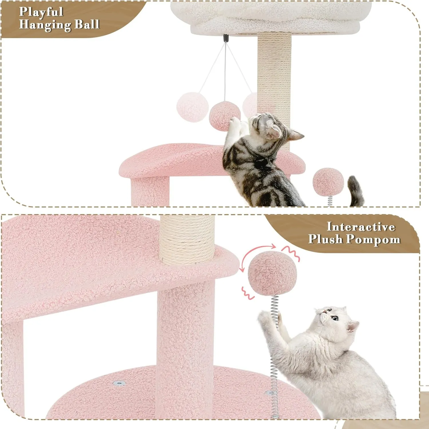 Athena Collection Small Cat Tree Condo with Sisal Scratching Post, 33 Inch Modern Cute Flower Cat Tree Tower with Cozy Perch Toy Ball for Indoor, Kittens, Light Pink
