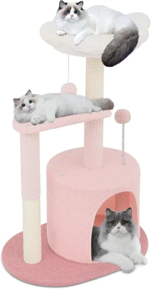Athena Collection Small Cat Tree Condo with Sisal Scratching Post, 33 Inch Modern Cute Flower Cat Tree Tower with Cozy Perch Toy Ball for Indoor, Kittens, Light Pink