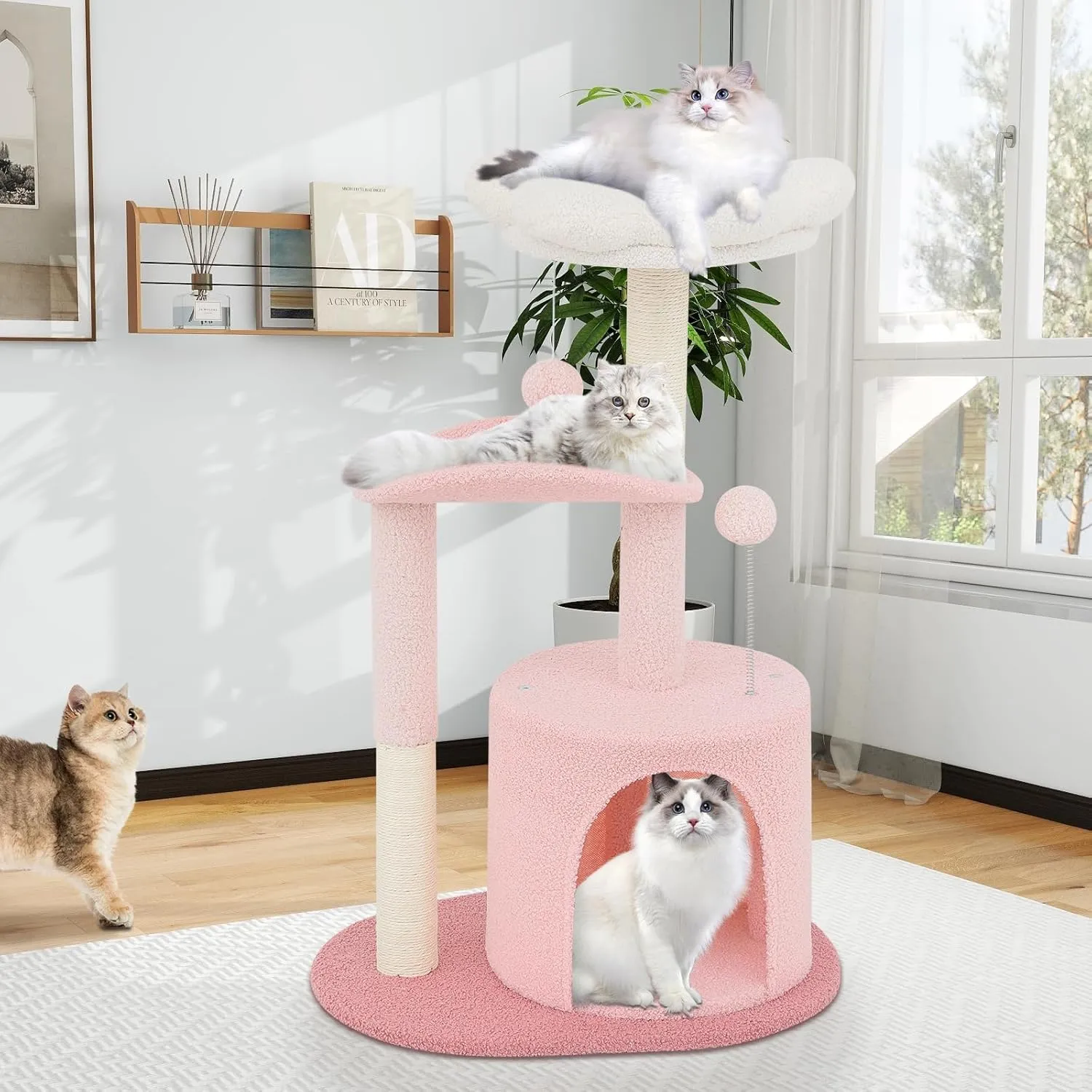 Athena Collection Small Cat Tree Condo with Sisal Scratching Post, 33 Inch Modern Cute Flower Cat Tree Tower with Cozy Perch Toy Ball for Indoor, Kittens, Light Pink