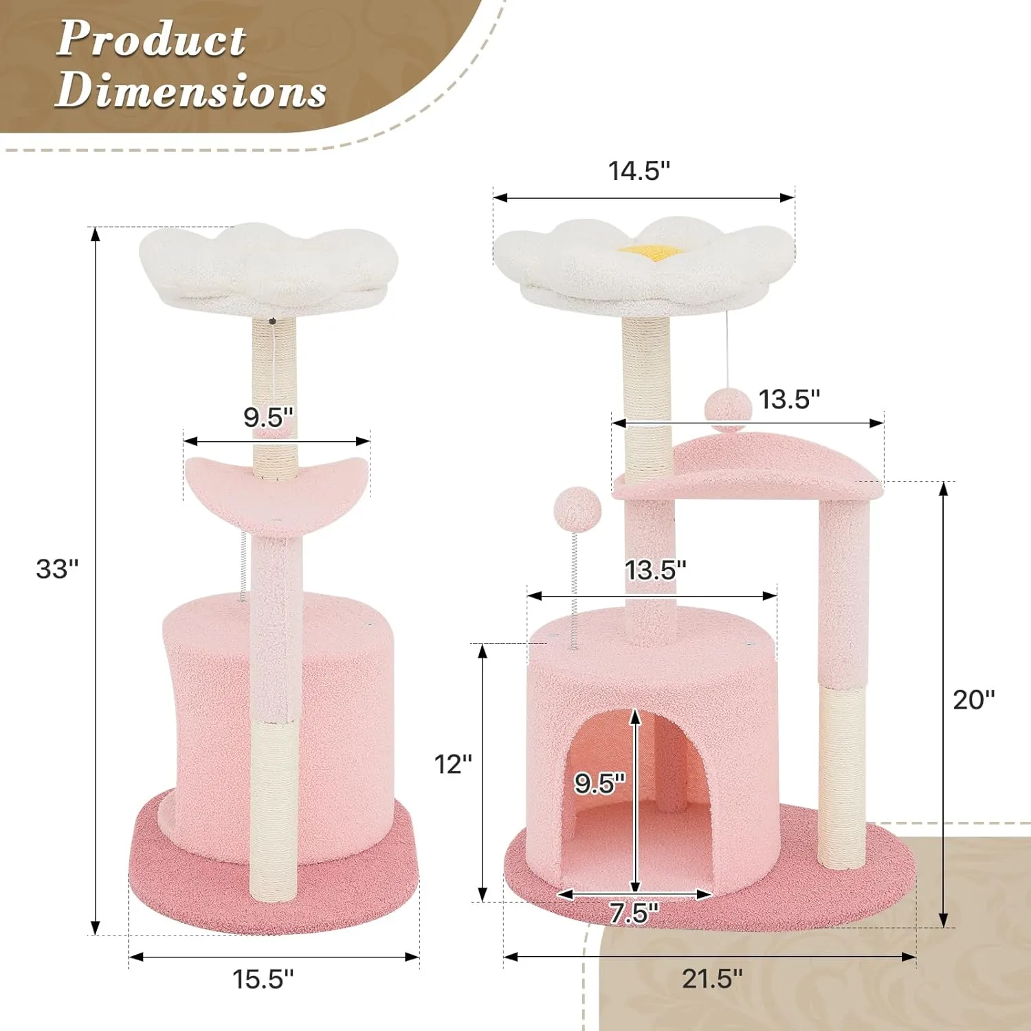 Athena Collection Small Cat Tree Condo with Sisal Scratching Post, 33 Inch Modern Cute Flower Cat Tree Tower with Cozy Perch Toy Ball for Indoor, Kittens, Light Pink