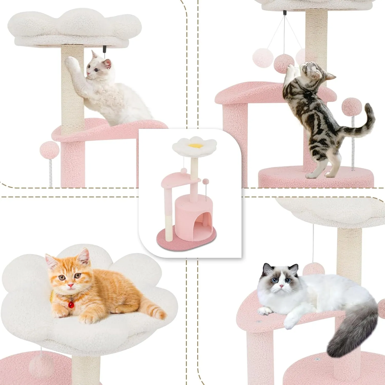 Athena Collection Small Cat Tree Condo with Sisal Scratching Post, 33 Inch Modern Cute Flower Cat Tree Tower with Cozy Perch Toy Ball for Indoor, Kittens, Light Pink
