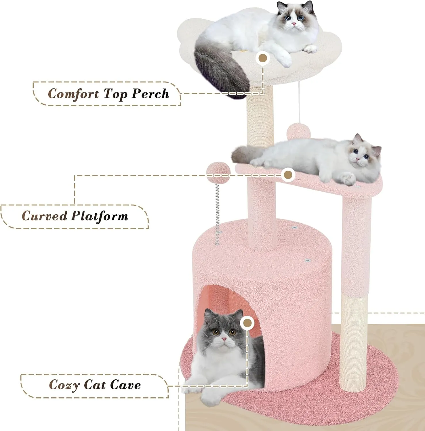 Athena Collection Small Cat Tree Condo with Sisal Scratching Post, 33 Inch Modern Cute Flower Cat Tree Tower with Cozy Perch Toy Ball for Indoor, Kittens, Light Pink