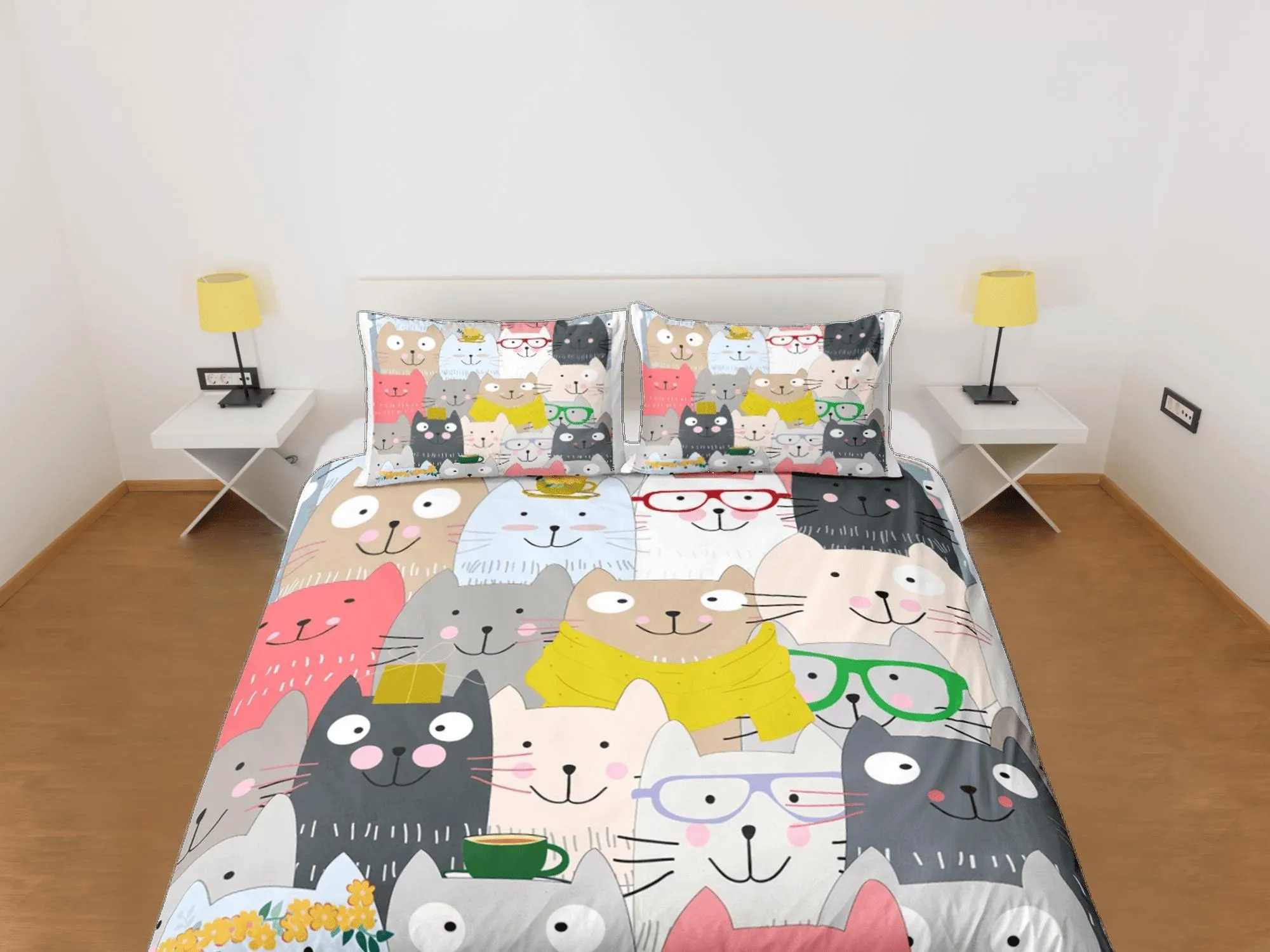 Cat Lover Duvet Cover Set Bedspread, Cute Bedding for Teens Kids Bedroom, Colorful Comforter Cover