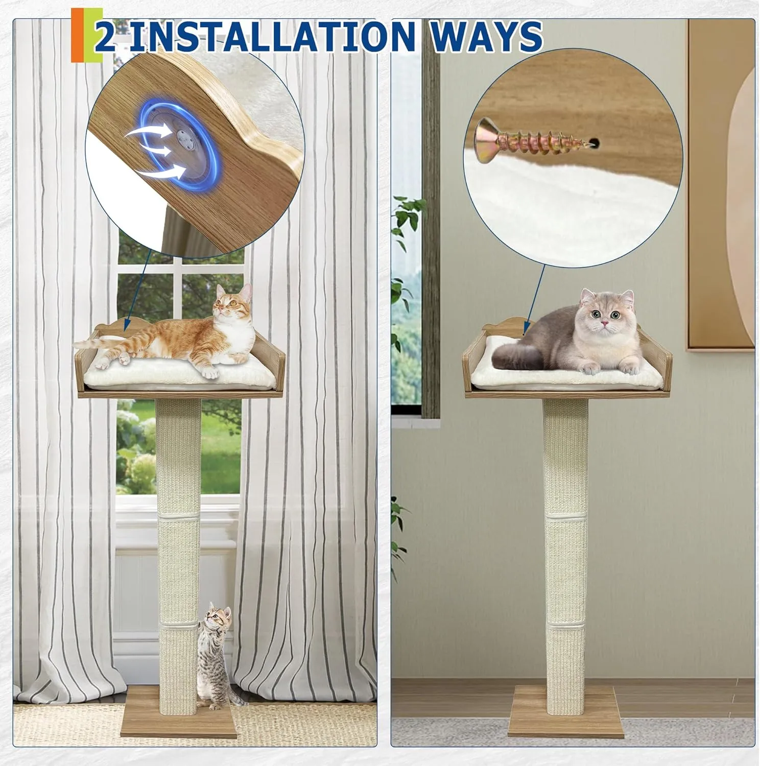 Cat Window Perch with Tall Scratching Posts and 2 Platforms, 40" Sisal Climbing Tree Hammmock with Suction Cups, 2 Install Ways, Cats Window Bed with Removable Cushion