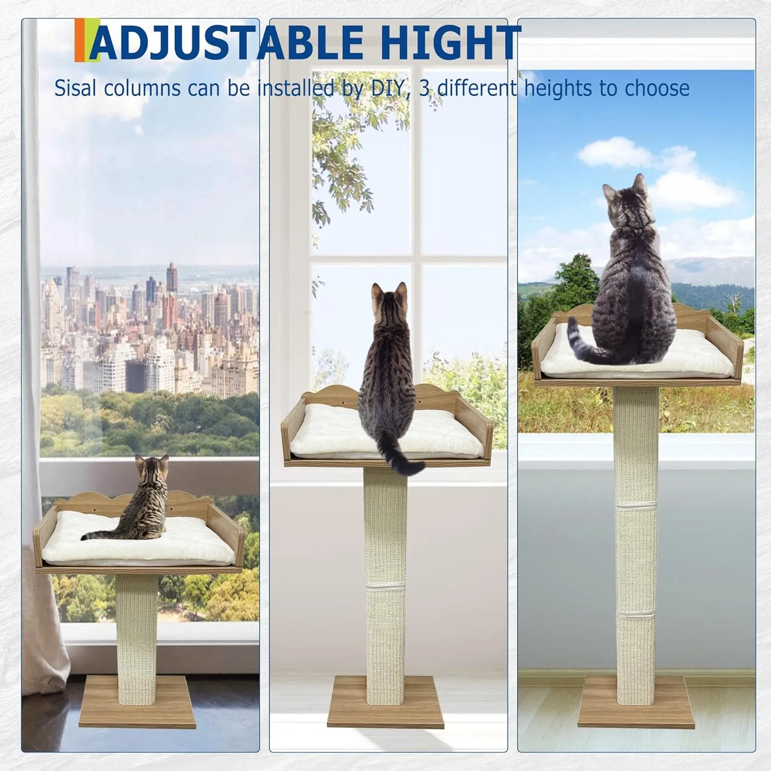 Cat Window Perch with Tall Scratching Posts and 2 Platforms, 40" Sisal Climbing Tree Hammmock with Suction Cups, 2 Install Ways, Cats Window Bed with Removable Cushion