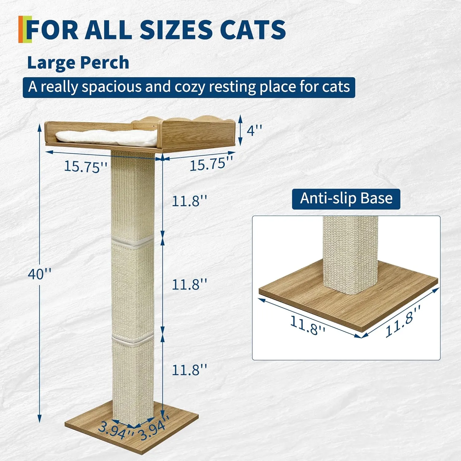 Cat Window Perch with Tall Scratching Posts and 2 Platforms, 40" Sisal Climbing Tree Hammmock with Suction Cups, 2 Install Ways, Cats Window Bed with Removable Cushion