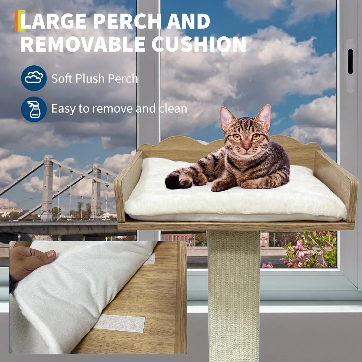 Cat Window Perch with Tall Scratching Posts and 2 Platforms, 40" Sisal Climbing Tree Hammmock with Suction Cups, 2 Install Ways, Cats Window Bed with Removable Cushion