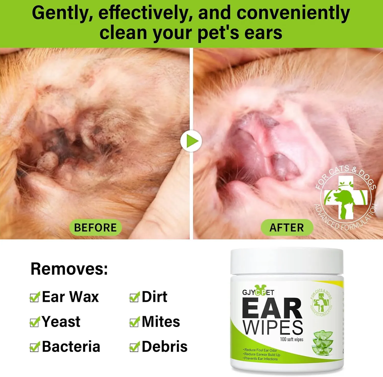 Dog Ear Wipes - Cat Dog Ear Cleaner, Puppy Ear Wipes Wash Cleaner for Dogs Cats - 100 Wipes for Dog Cat Ear Cleaning, Remove Ear Wax Dirt Debris for Dogs Cats Ear Infection Treatment Wipes