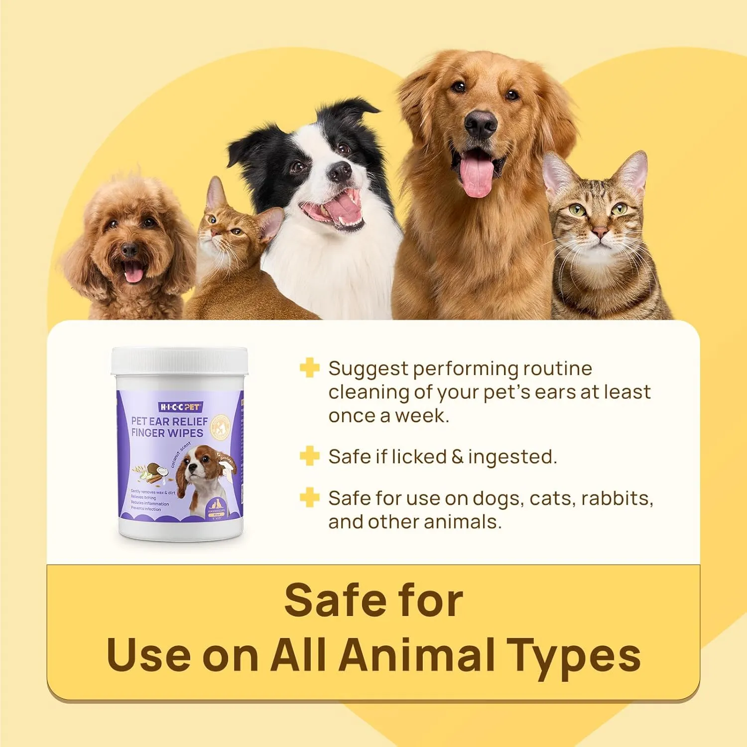 HICC PET Dog Ear Wipes Finger 50 Count Dog Ear Cleaner Wipes for Dogs & Cats, Dog Ear Infection Treatment to Relieve Ear Itching & Inflammation, Remove Ear Wax, Dirt, Smelly - Unscented