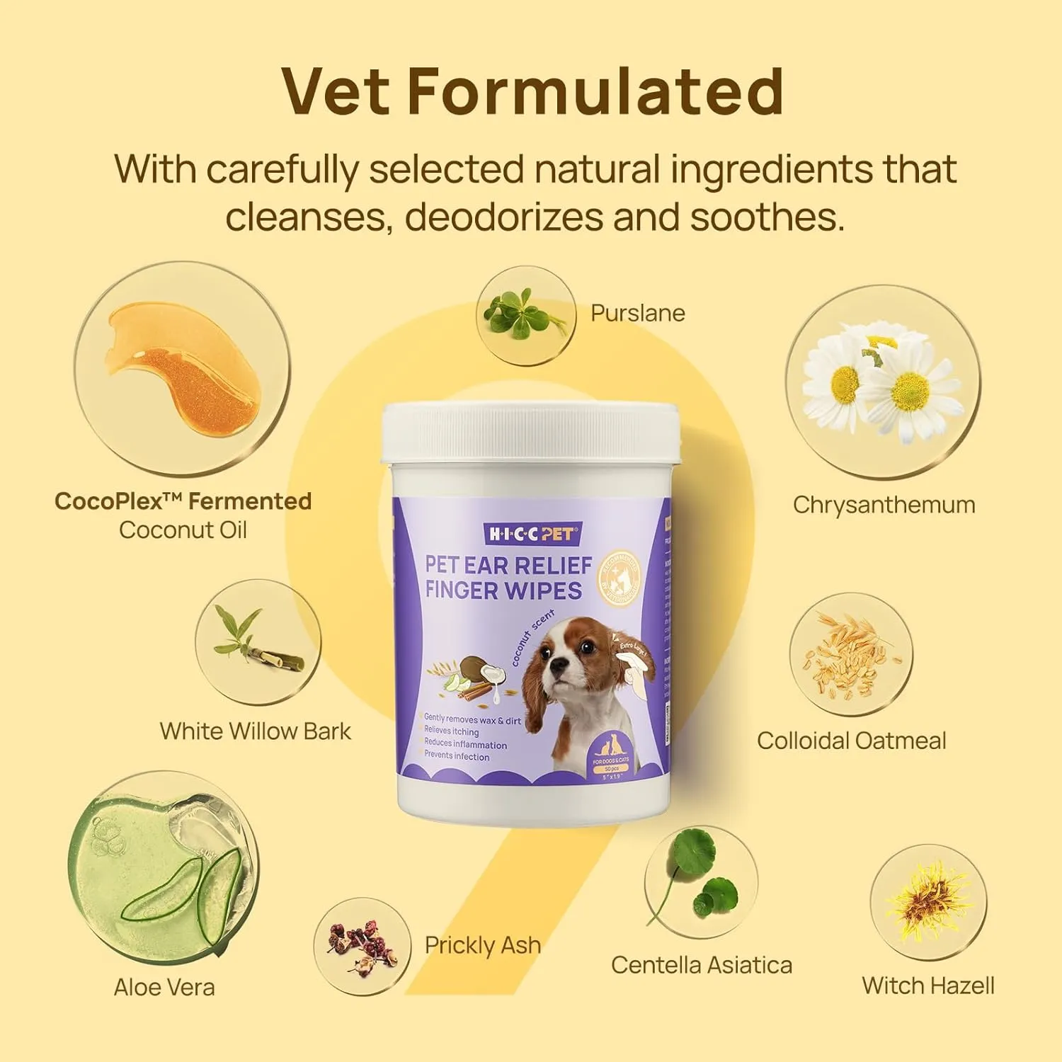 HICC PET Dog Ear Wipes Finger 50 Count Dog Ear Cleaner Wipes for Dogs & Cats, Dog Ear Infection Treatment to Relieve Ear Itching & Inflammation, Remove Ear Wax, Dirt, Smelly - Unscented