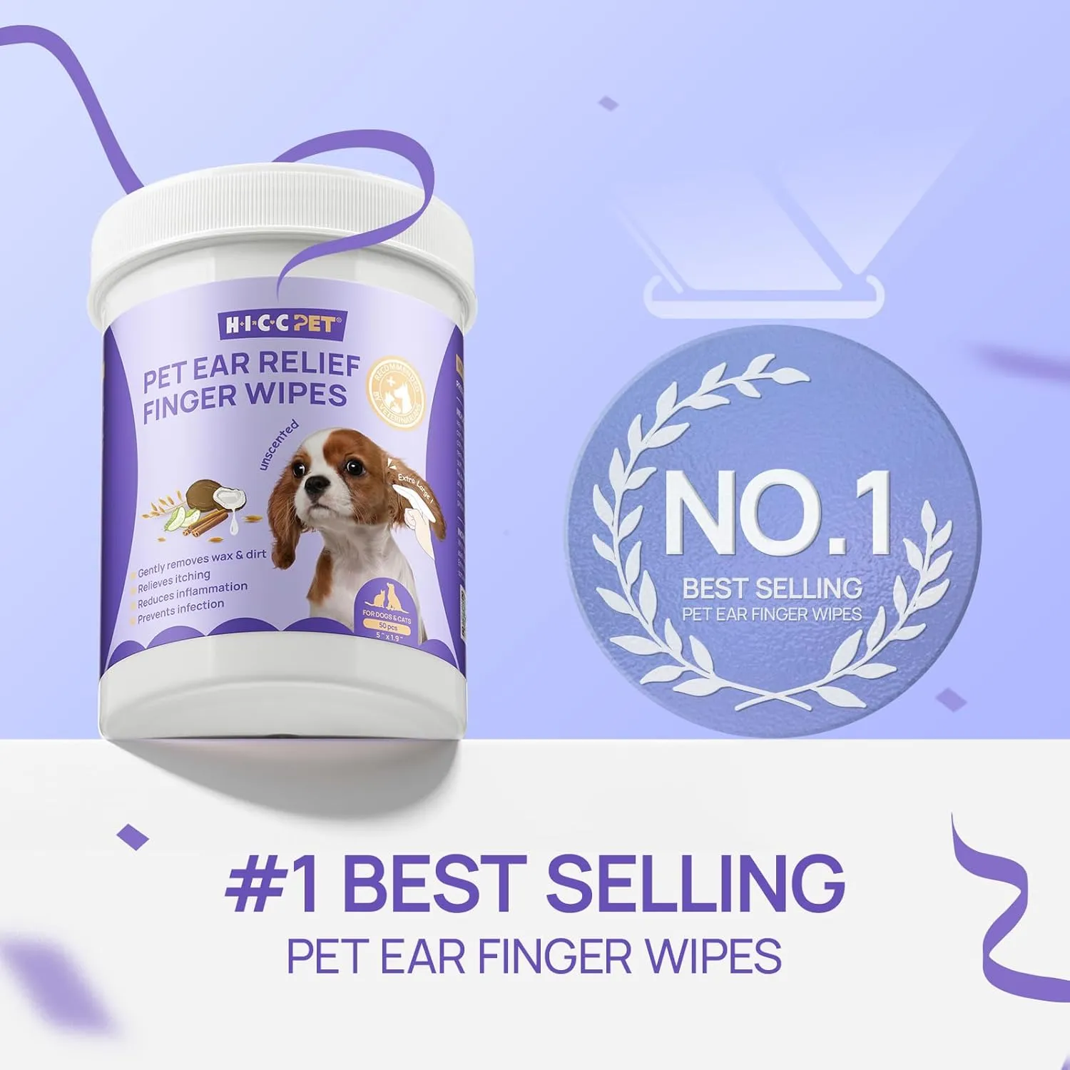 HICC PET Dog Ear Wipes Finger 50 Count Dog Ear Cleaner Wipes for Dogs & Cats, Dog Ear Infection Treatment to Relieve Ear Itching & Inflammation, Remove Ear Wax, Dirt, Smelly - Unscented