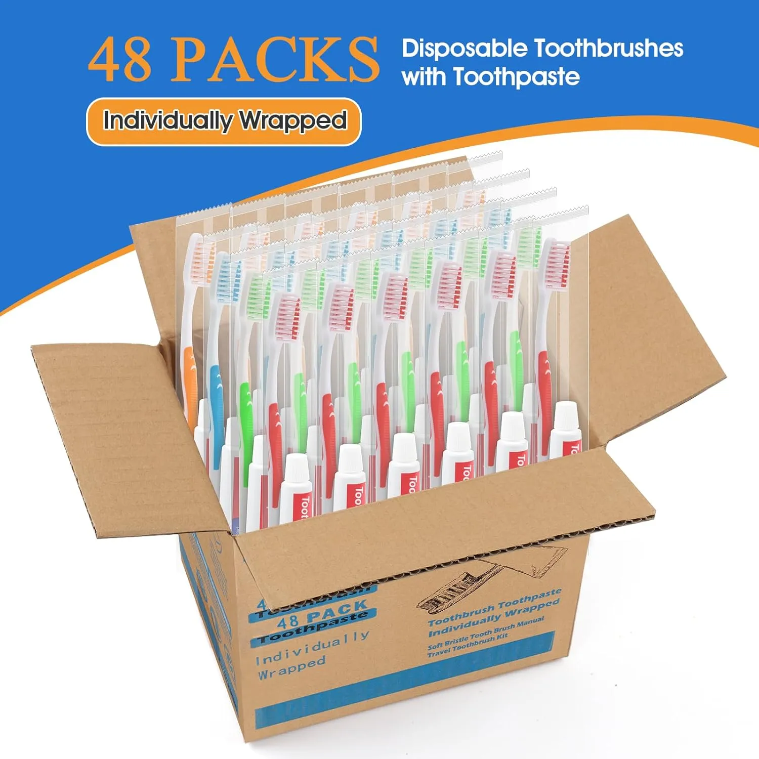 HOMVLE 48 Packs Disposable Toothbrushes with Toothpaste, Individually Wrapped Buld Toothbrush and Toothpaste Buld for Travel Size Toiletries, OCC, Airbnb, Dentist, Office/4 Colorful