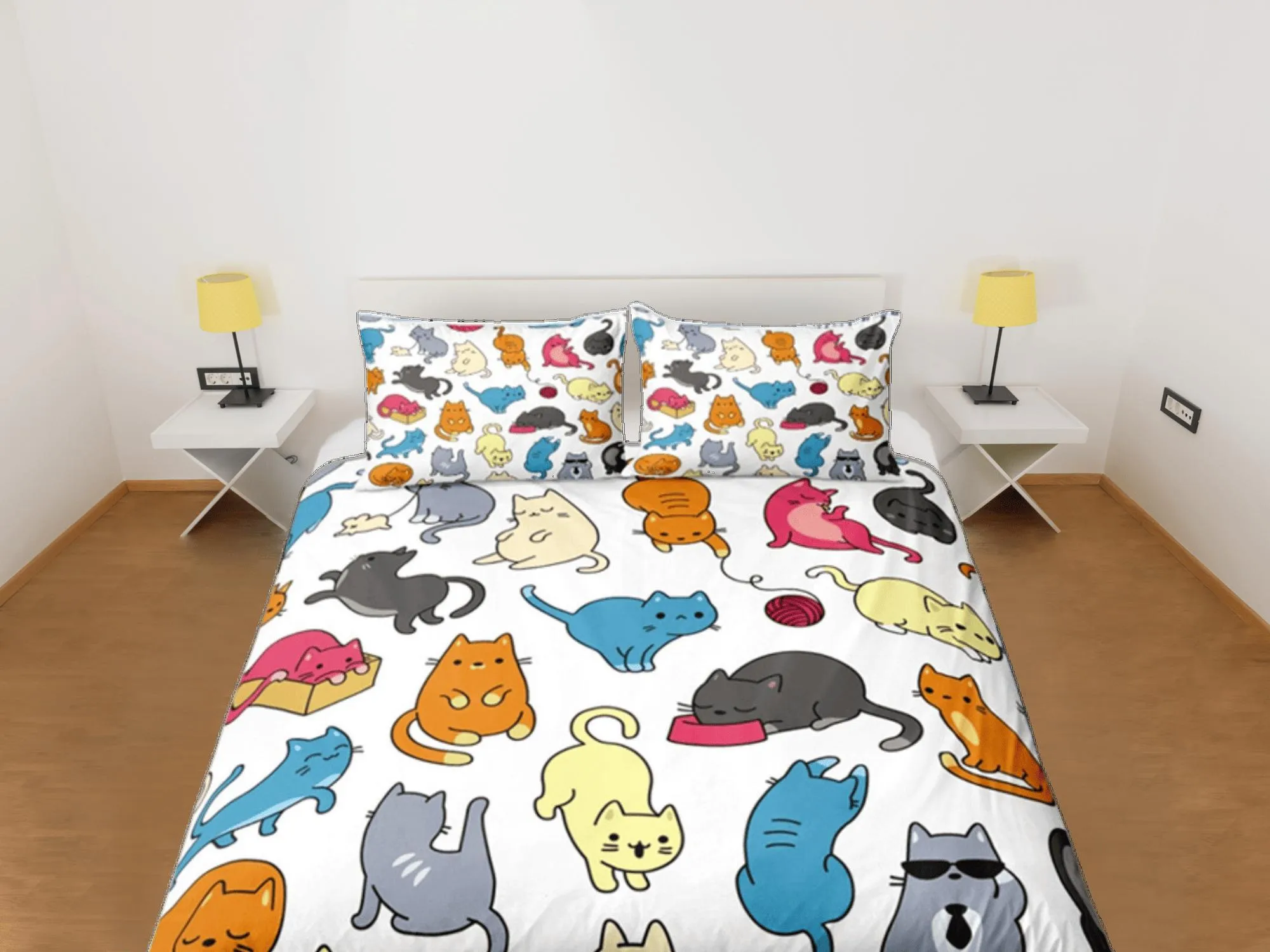 Kids Duvet Cover Set Cute Cats Bedspread, Colorful Dorm Bedding & Pillowcase, King Duvet Cover Full, Queen Duvet Comforter