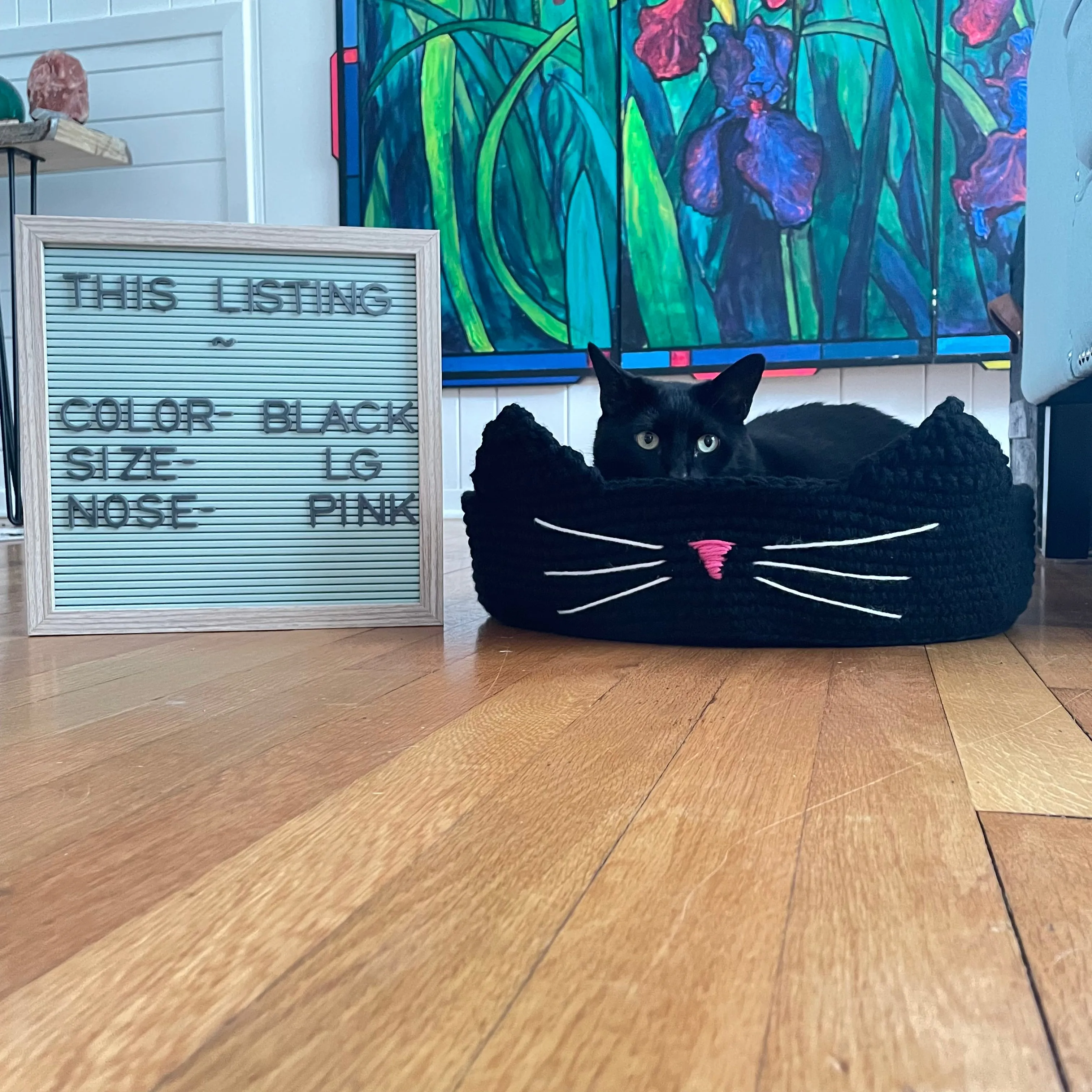 Large Cat Bed in Black & Pink Nose 16" Hand Crocheted Pet Furbaby Gift Cat Mom Dad