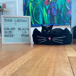 Large Cat Bed in Black & Pink Nose 16" Hand Crocheted Pet Furbaby Gift Cat Mom Dad