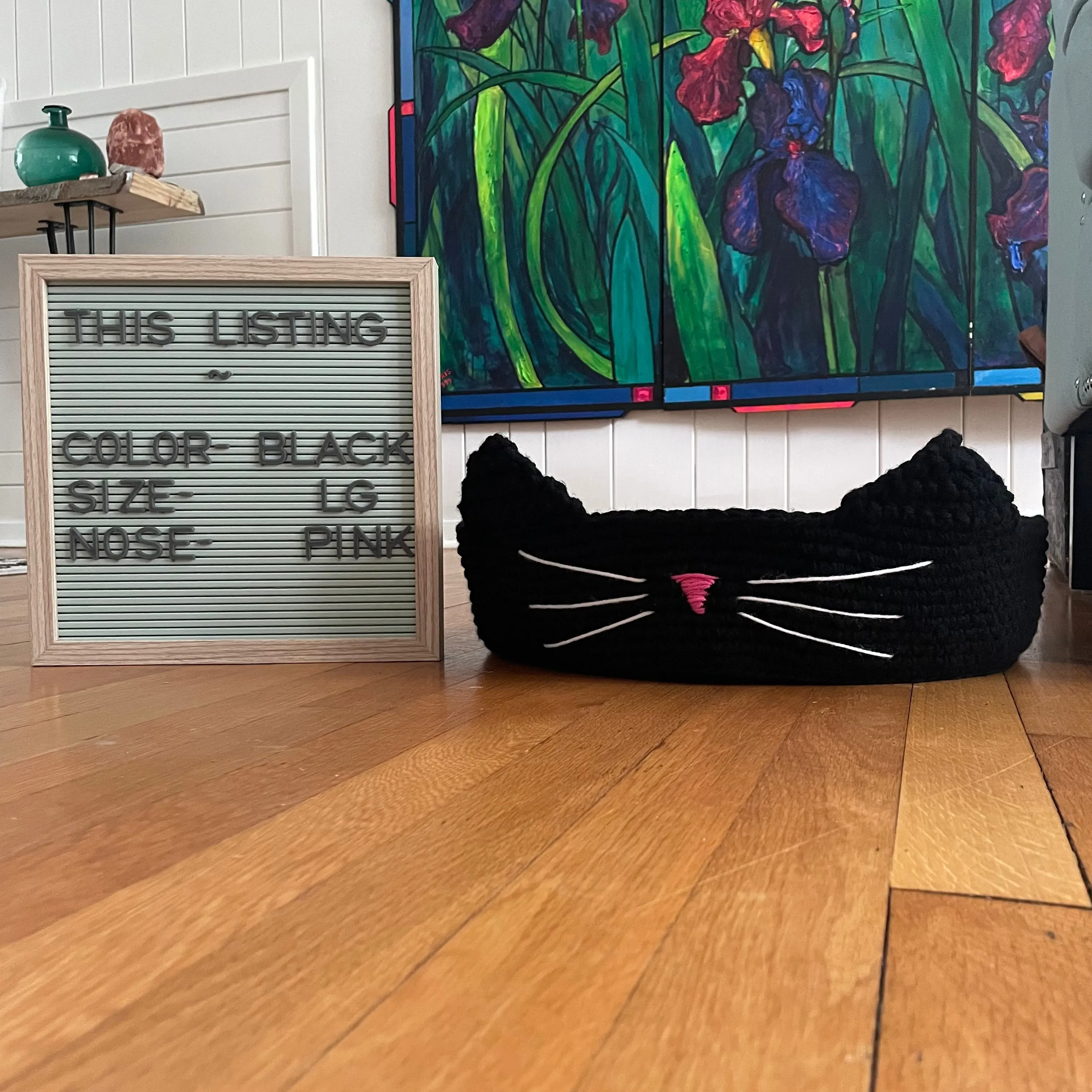 Large Cat Bed in Black & Pink Nose 16" Hand Crocheted Pet Furbaby Gift Cat Mom Dad