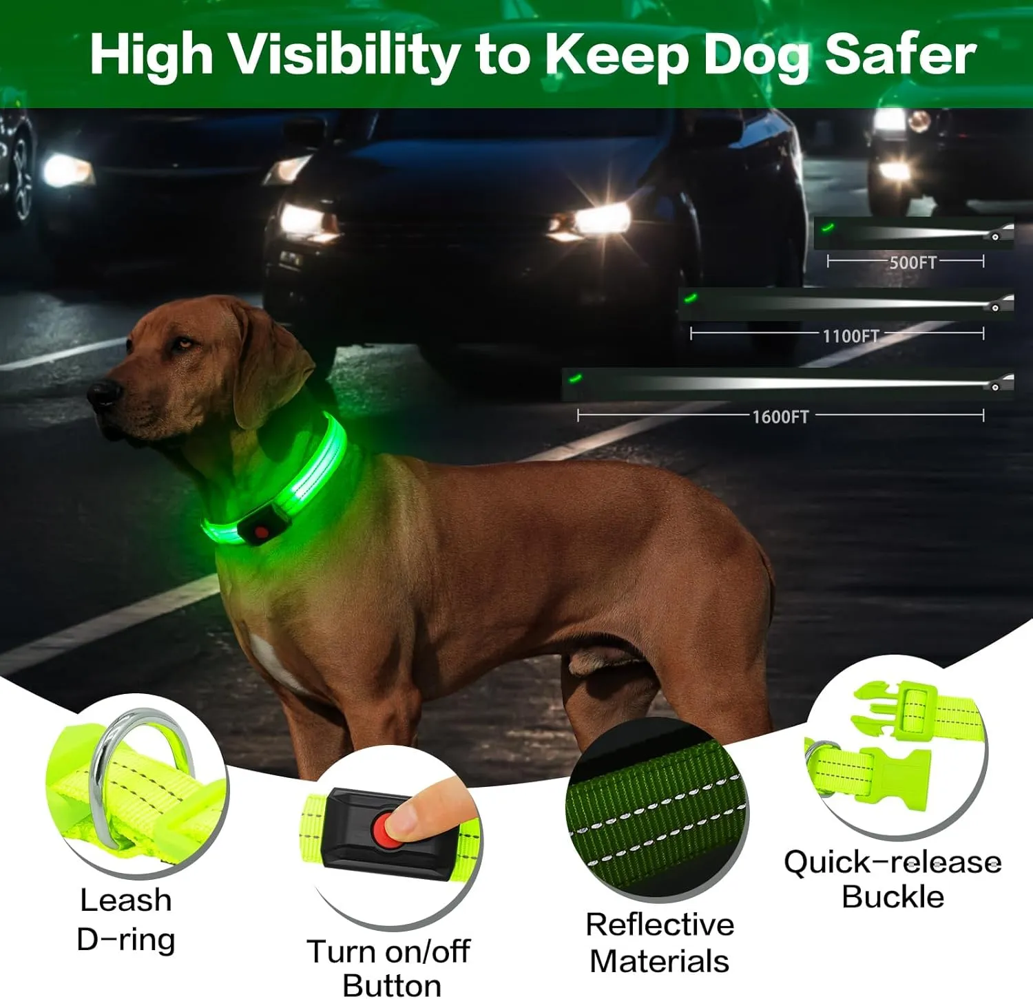 Light Up Dog Collar for Night Walking Flashing, LED Dog Collar Light Rechargeable Reflective Dog Collar Water-Resistant Adjustable Size Dog Collars for Medium Dogs
