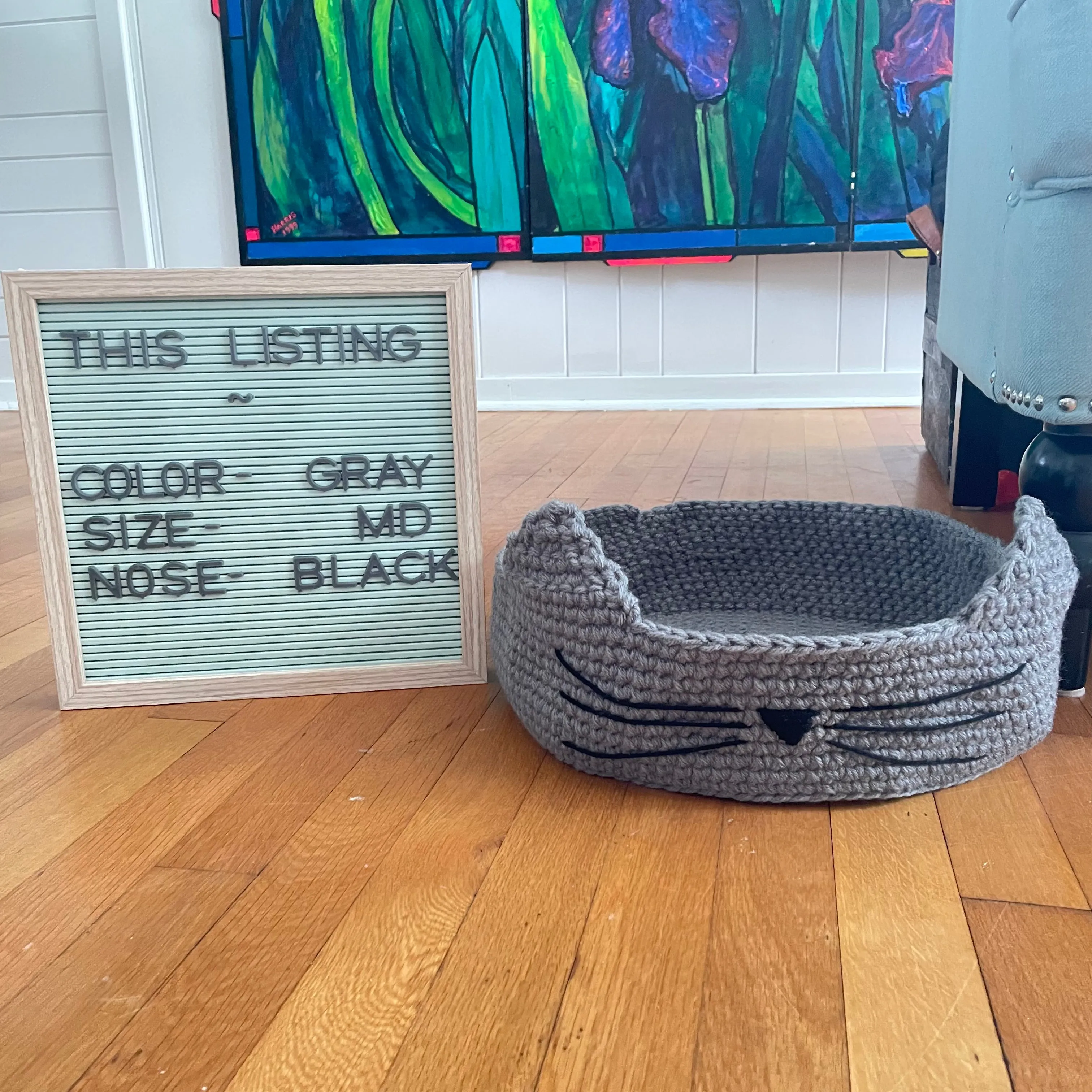 Medium Cat Bed in Gray & Black Nose 13.5" Hand Crocheted Pet Furbaby Gift Cat Mom Dad