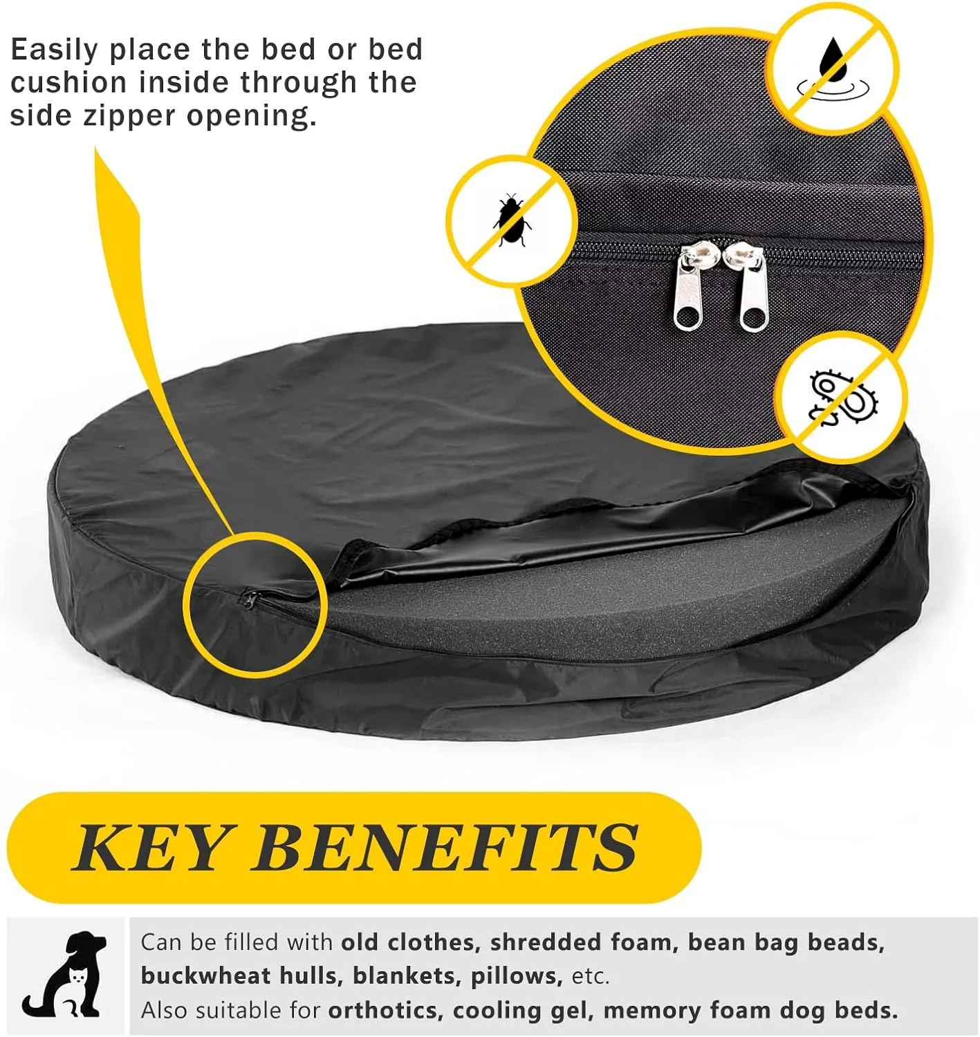 Round Dog Bed Replacement Cover 36D  4H Inches Washable Black Thickened Waterproof Oxford Fabric with Handle and Zipper Reusable Dog Bed Liner for Small to Medium 25-35 Lbs Puppy
