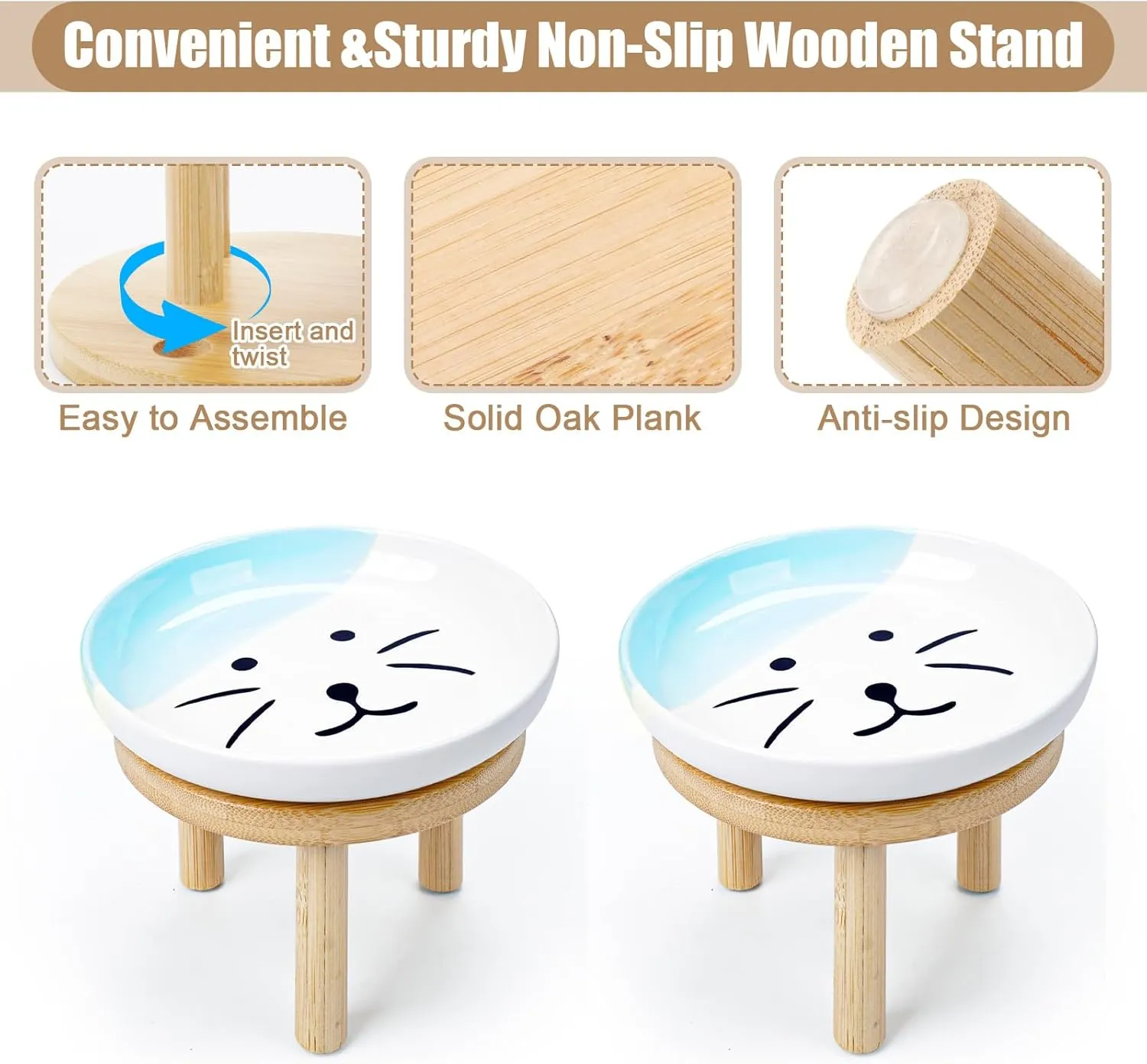 Shallow Elevated Cat Bowls with Bamboo Stand, 5.9 Inch Wide Ceramic Cat Dish Whisker Friendly, 2 Pack Pet Food and Water Plates