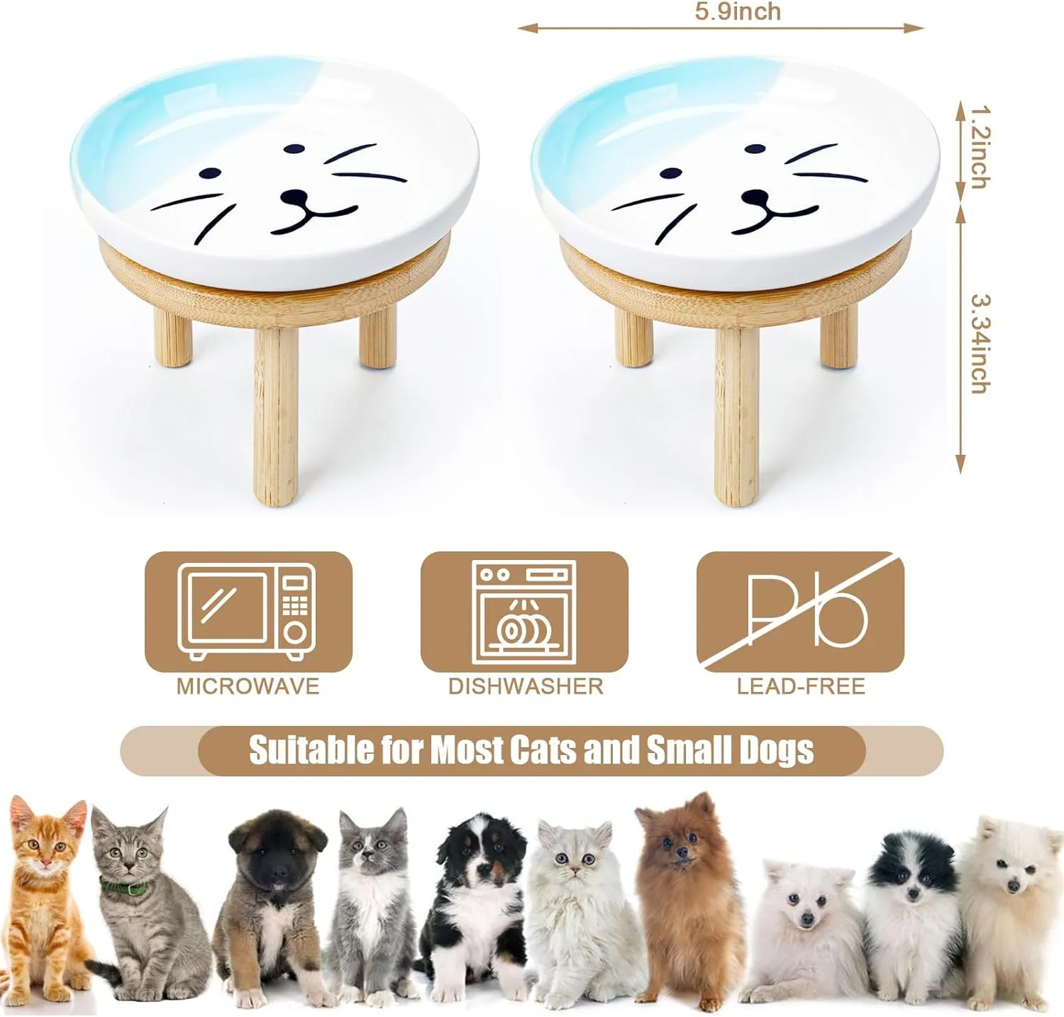 Shallow Elevated Cat Bowls with Bamboo Stand, 5.9 Inch Wide Ceramic Cat Dish Whisker Friendly, 2 Pack Pet Food and Water Plates