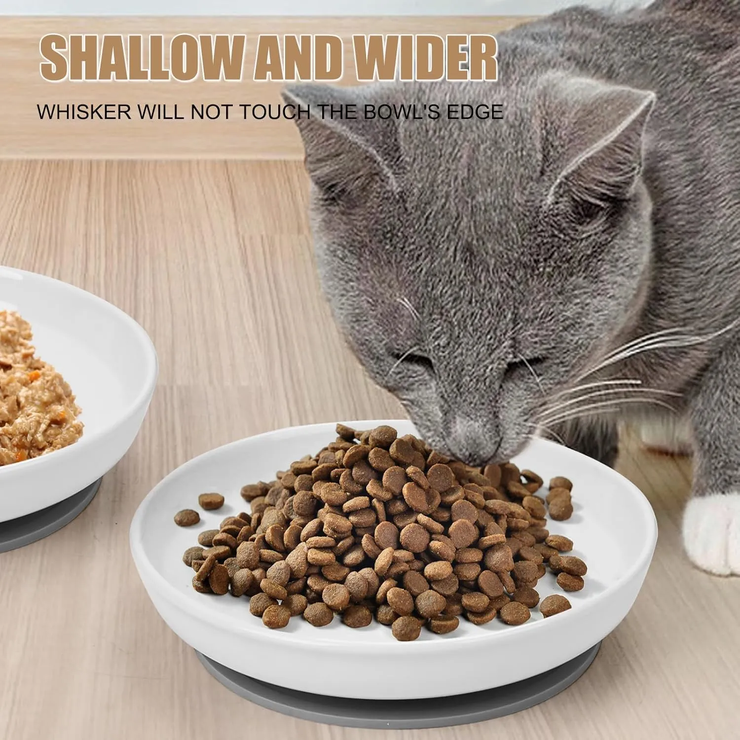 Shallow Elevated Cat Bowls with Bamboo Stand, 5.9 Inch Wide Ceramic Cat Dish Whisker Friendly, 2 Pack Pet Food and Water Plates