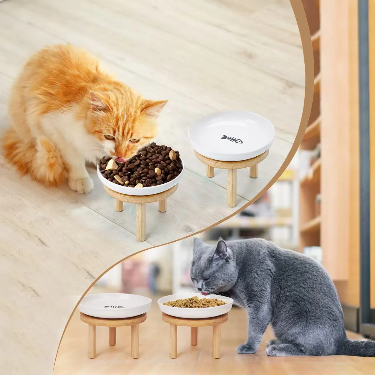 Shallow Elevated Cat Bowls with Bamboo Stand, 5.9 Inch Wide Ceramic Cat Dish Whisker Friendly, 2 Pack Pet Food and Water Plates