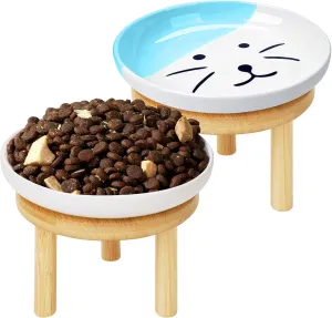 Shallow Elevated Cat Bowls with Bamboo Stand, 5.9 Inch Wide Ceramic Cat Dish Whisker Friendly, 2 Pack Pet Food and Water Plates