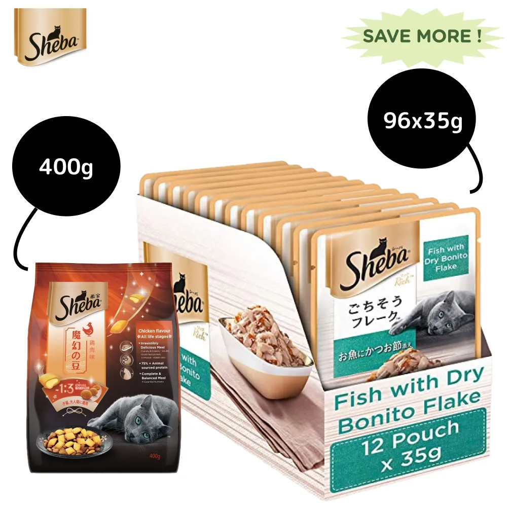 Sheba Fish with Dry Bonito Flake Premium Cat Wet Food and Chicken Flavour Irresistible All Life Stage Cat Dry Food Combo
