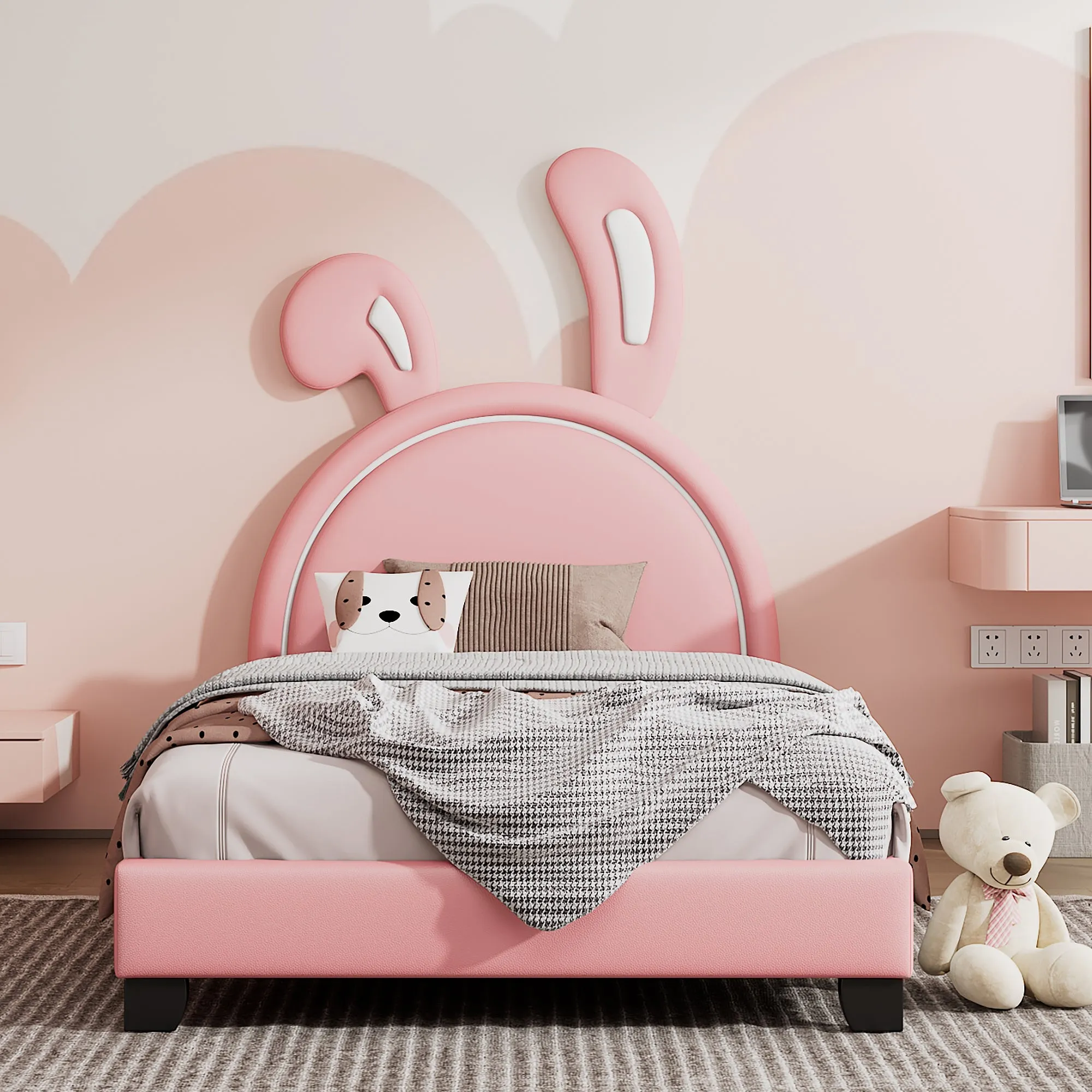 Twin Size Upholstered Leather Platform Bed with Rabbit Ornament, Pink